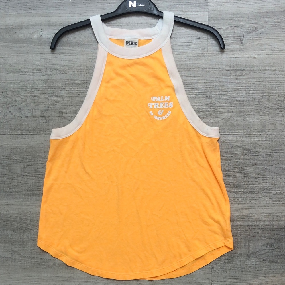 PINK Victorias Secret RacerbackOrange Tank Top small Palm trees and 80 degrees 🌴